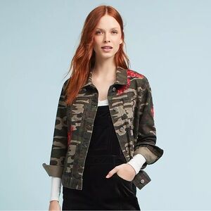 Pilcro Anthropologie Embroidered Camo Jacket size XS gorgeous red embroidery